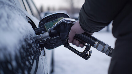 Fueling a Car at a Snow-Covered Gas Station in Winter