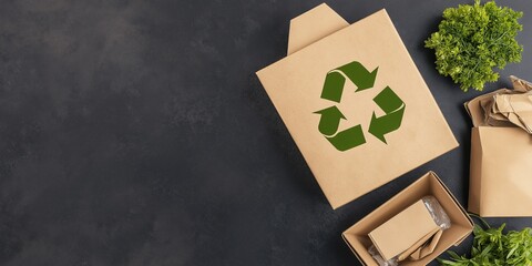 Eco-friendly packaging with recycling symbol and greenery on a dark surface.