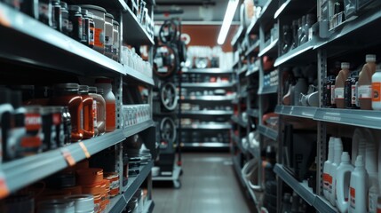 Naklejka premium A busy auto parts store with stocked shelves of oils and tools, buzzing with potential, industry, and the promise of fixing and creating solutions.