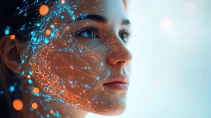 A captivating profile view of a woman with digital and holographic overlays symbolizing advanced technology and artificial intelligence.