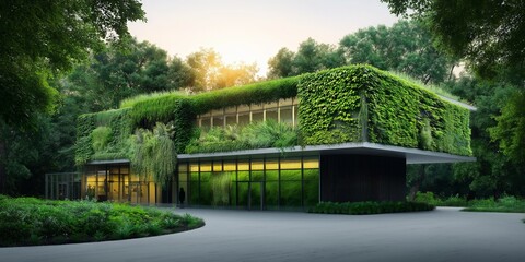 Fototapeta premium Modern eco-friendly building surrounded by greenery and natural light.
