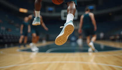 Basketball player jumping in white sneakers with basketball on court with teammates in background
