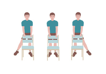 Men doing exercises step by step. Exercises that can be done at-home using a sturdy chair. Isolated vector illustration in cartoon style.