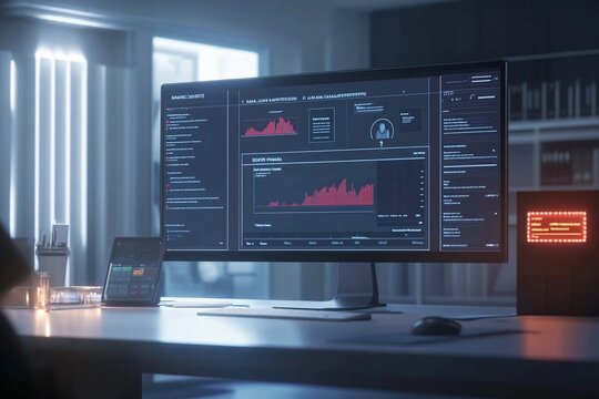 A modern workspace featuring data analytics in a dimly lit office environment. Generative AI