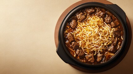 A black bowl of beef and bean sprouts stir fry on a wooden base with a beige background.