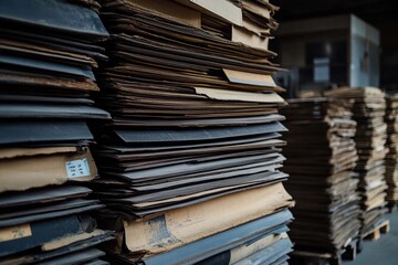 Stacks of aged files in an archive during early morning light. Generative AI