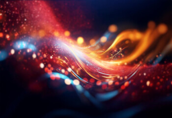 Obraz premium Abstract digital artwork with swirling lines of orange and blue light against a dark background.