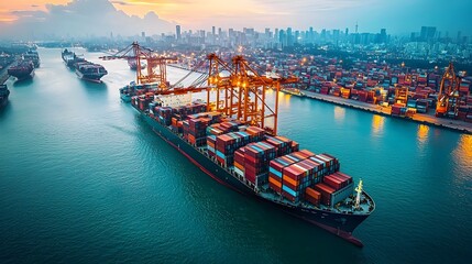 Aerial View of Global Freight and Trade Network with Cargo Shipping Routes and Ports