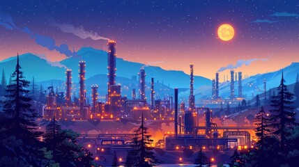Fototapeta premium Futuristic industrial cityscape at night featuring a sprawling complex of illuminated factories refineries and power plants emitting steam and smoke under the light of a large bright moon