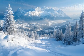 Obraz premium A breathtaking winter landscape showcases a valley blanketed in snow, with majestic mountains rising in the distance. Pine trees dot the foreground, creating a serene atmosphere under a cloudy sky.