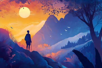 Fototapeta premium A lone hiker stands on a mountain peak, gazing at the sunset over a vast, colorful landscape.