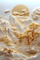 Majestic 3D Landscape in Golden Tones with Flowing Rivers  Towering Mountains  and Serene Floating