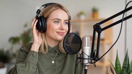 Young Woman Smiles Warmly in Modern Podcast Studio
