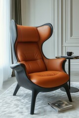 A modern armchair upholstered in camel leather is positioned beside a sleek coffee table. A book and a cup of coffee rest on the table, creating a cozy and inviting atmosphere in the stylish interior.