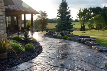 Obraz premium Wet stamped concrete patio resembling flagstone, enhancing outdoor spaces with durable and stylish design.