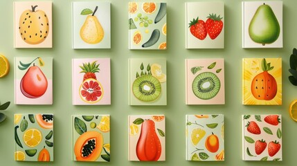 Vibrant Fruit Collage   Assortment of Fresh Healthy Produce in Minimalist Design  arrangement of various colorful fruits and vegetables against a green background