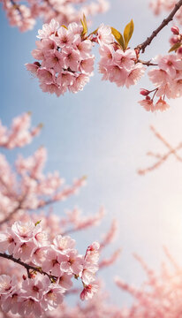 Fototapeta Horizontal banner with sakura flowers of pink color on sunny backdrop. Beautiful nature spring background with a branch of blooming sakura. Sakura blossoming season in Japan