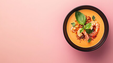A bowl of creamy shrimp soup with basil garnish on a pink background.