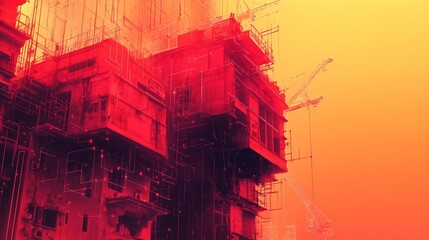 Obraz premium Amodern architectural scene bathed in intense red and yellow hues. Tall buildings and cranes are depicted in a dynamic, digital style with neon-like lines and geometric overlays