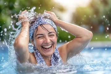 Obraz premium A cheerful 65 year old grandmother splashes joyfully in a bright blue pool on a sunny summer day. Her hands are raised, and droplets of water fly around as sunlight creates a playful atmosphere in her