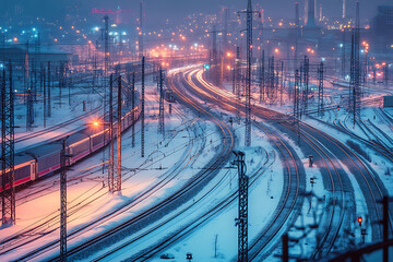 A wide-angle view of a snowy night city with high-speed trains crisscrossing tracks, illuminated by vehicle light trails in an industrial area.