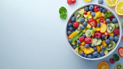 A bowl of fresh fruit salad with mango, kiwi, blueberries, raspberries, and strawberries on a light blue background.