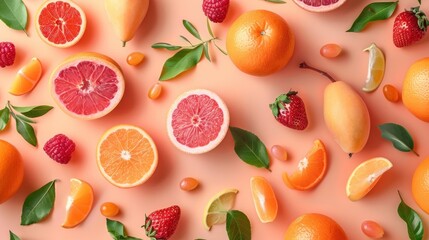 Vibrant arrangement of various types of fresh ripe citrus fruits like oranges grapefruits lemons and juicy red strawberries