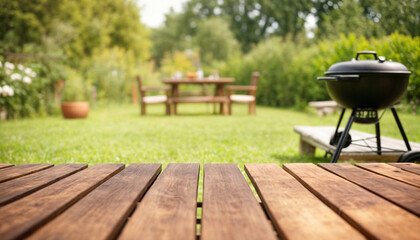 Naklejka premium Summer time in backyard with wooden table, grill BBQ and blurred background