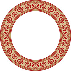 Vector round gold and red ancient Russian ornament. Slavic border, frame. Circle, ring. Painting of the royal chambers