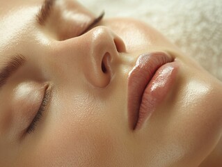 Naklejka premium Close-up of a serene face with smooth skin, eyes closed, exuding tranquility and beauty.