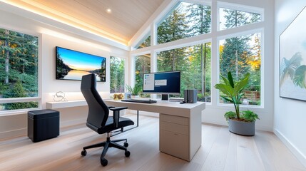 Fototapeta premium A cozy home office featuring smart lighting and a smart thermostat, showcasing an organized space enhanced by technology for improved productivity and comfort.