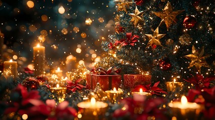 New Year's gifts under the tree, New Year's tree adorned with decorations and gifts placed underneath