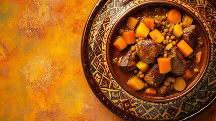 A bowl of hearty stew with lamb, carrots, potatoes, and lentils in a rich brown sauce.