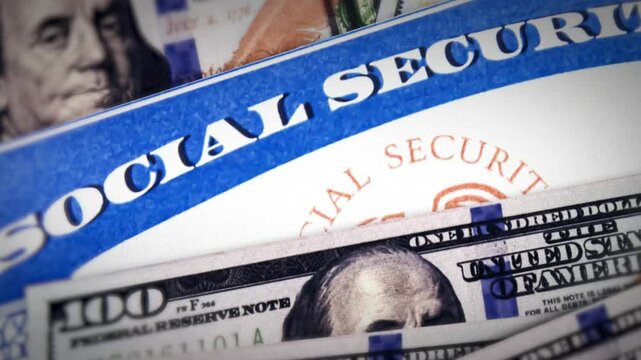 Social Security card with USD currency bill, 4k footage. 100-dollar bill and social security benefit card background. USA people, rights, financial support, political.