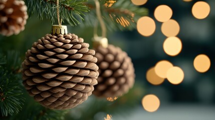 Pinecone ornaments hang on a Christmas tree, illuminated by warm, festive lights, AI