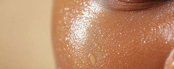 Fototapeta premium Close-up of glistening skin with moisture droplets, highlighting texture and hydration.