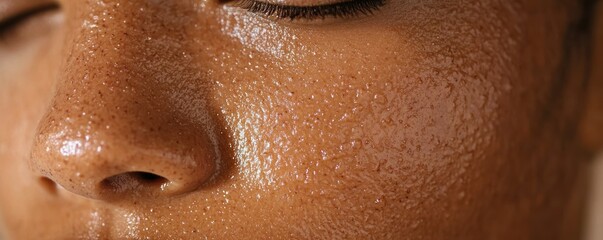 Fototapeta premium Close-up of a glistening, sweaty face, highlighting skin texture and moisture.
