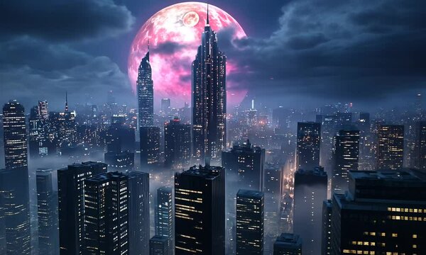 Pink Moon Over Cityscape