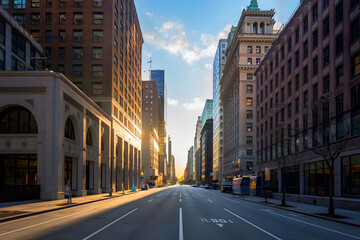 A street in New York City in the morning.