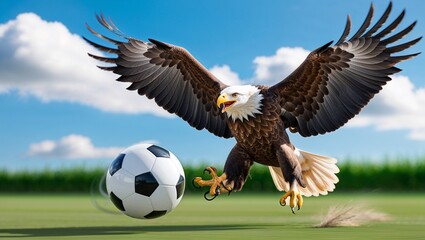 Fototapeta premium Dynamic Action Shot of a Majestic Eagle in Flight Over a Scenic Landscape, Perfect for Wildlife Enthusiasts and Nature Projects