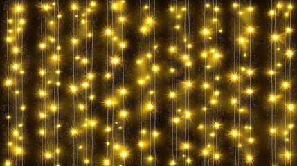 Sparkling led yellow lights running vertically. A curtain of Christmas fairy lights. Fairy light strips