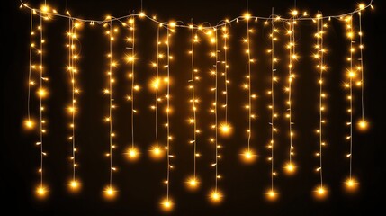 Sparkling led yellow lights running vertically. A curtain of Christmas fairy lights. Fairy light strips
