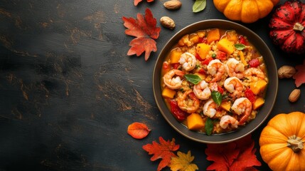 A bowl of pumpkin risotto with shrimp, basil and almonds, on a rustic table with fall leaves and mini pumpkins.