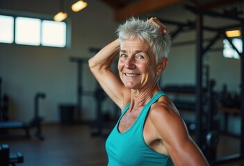 Obraz premium An energetic senior woman is playfully adjusting her hair while smiling confidently in a well equipped gym. The atmosphere emphasizes her commitment to fitness and an active lifestyle at an advanced a