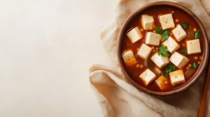 A bowl of red tofu soup with parsley garnish, on a white table with linen napkin.