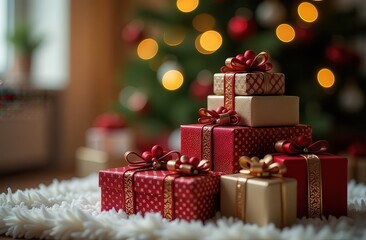 A festive arrangement of beautifully wrapped Christmas presents in red and gold, set against a softly lit background, creating a warm holiday atmosphere perfect for celebrations.
