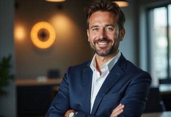 A well dressed man stands with crossed arms, smiling confidently in a sleek office. The setting features warm lighting and a stylish ambiance, creating a welcoming and professional atmosphere.