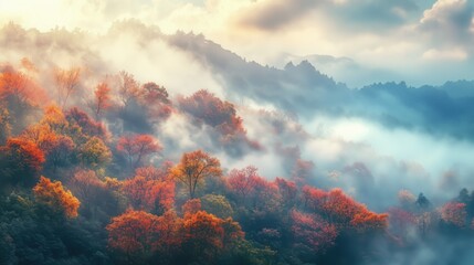 Naklejka premium Autumn scene with misty fog colorful forest sunrise
