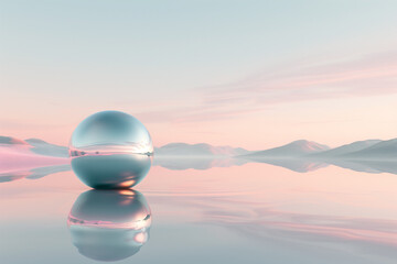 Abstract surreal background with infinite geometric metallic shape, minimalist zen landscape, panoramic waterscape wallpaper.


