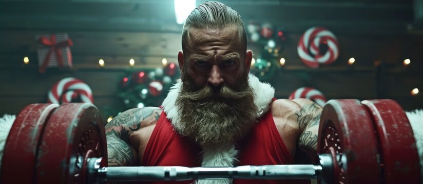 Muscular heavily tattooed male with long beard dressed as Santa Claus lifting weights in a gym decorated for the Christmas holiday season with lights garlands and other festive elements